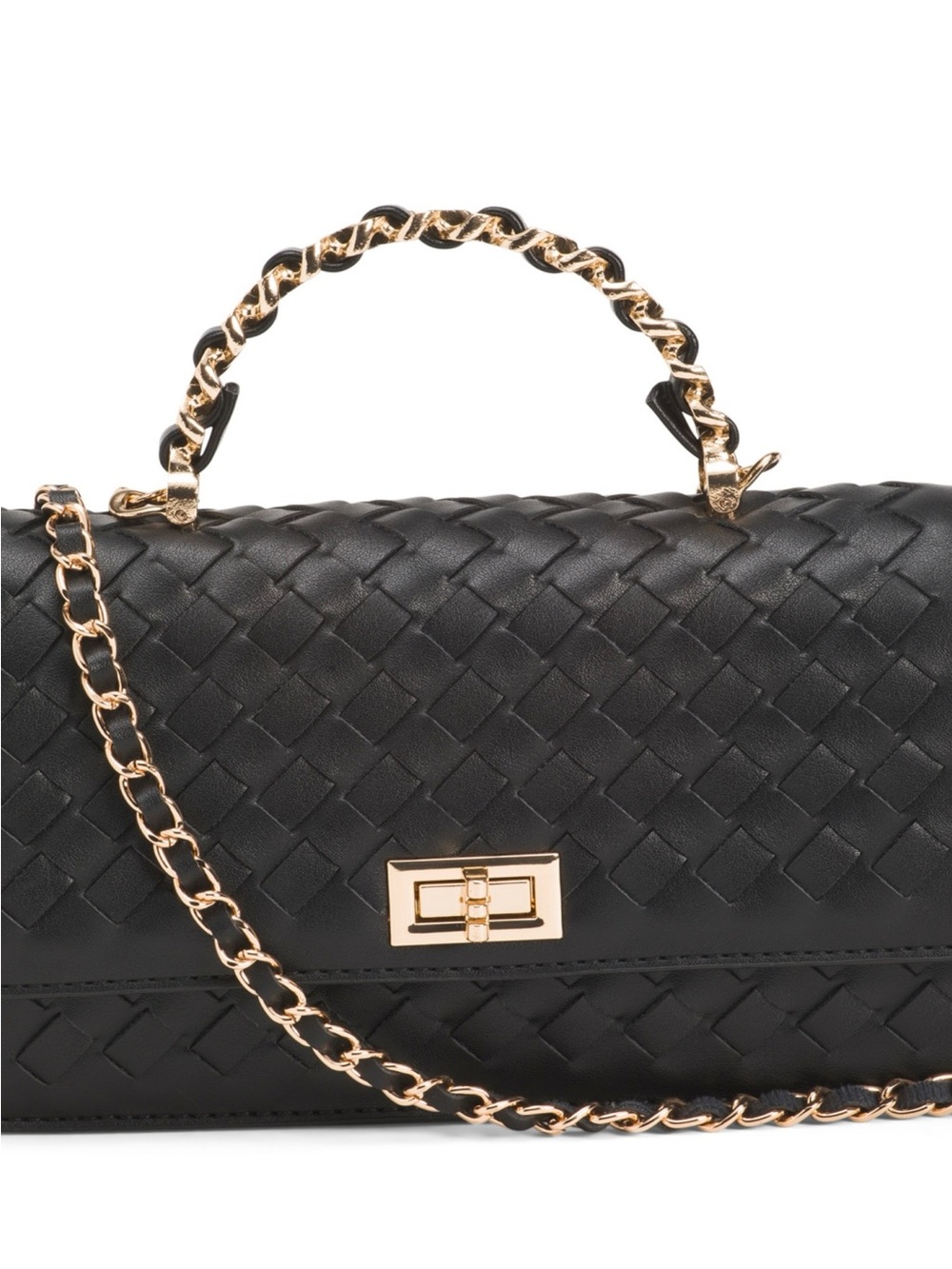 Black Woven Leatherette Top-Handle Shoulder Bag with Gold Chain
